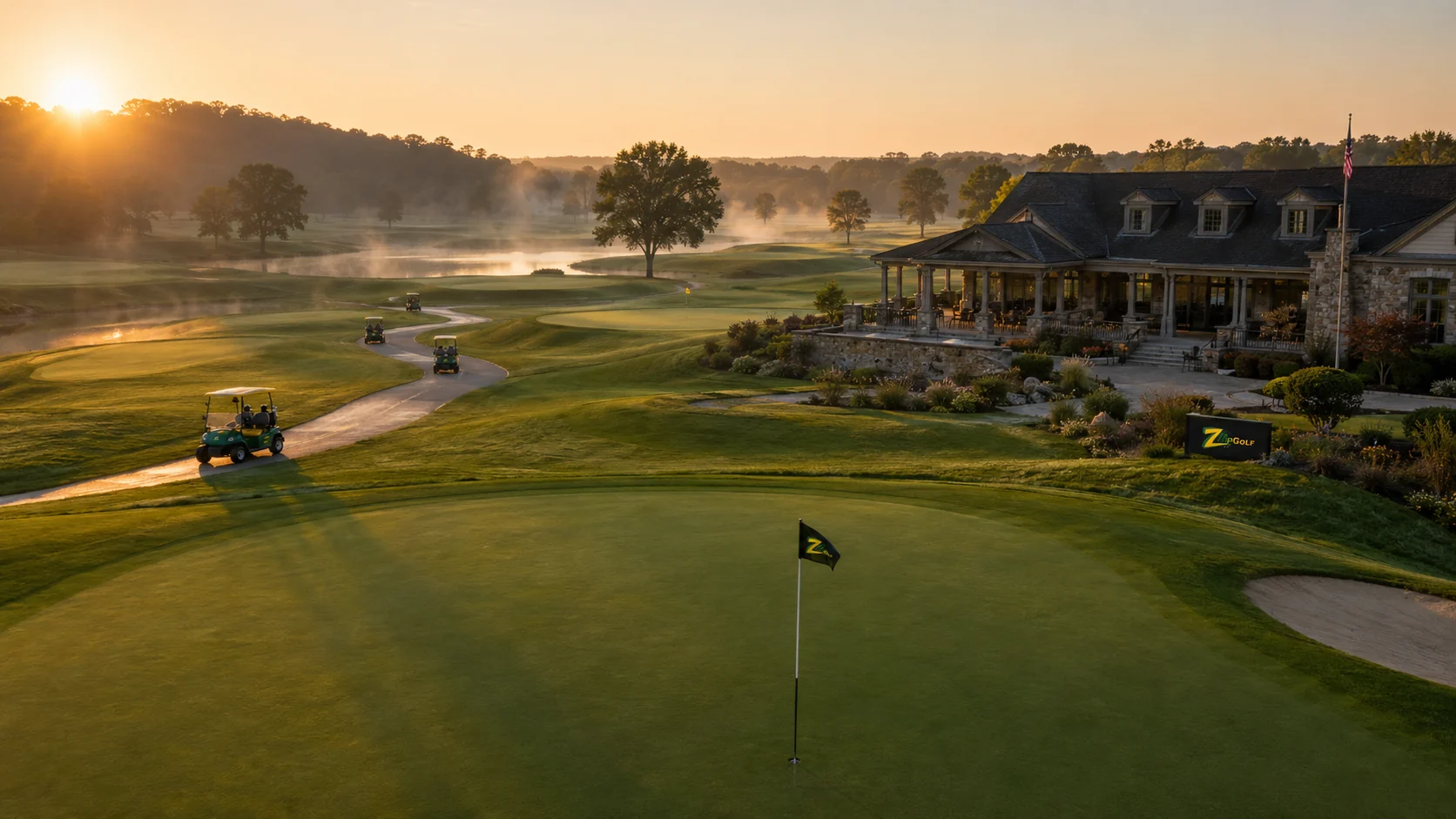 Wide sunrise view of the ZIPGOLF course, clubhouse, green and carts