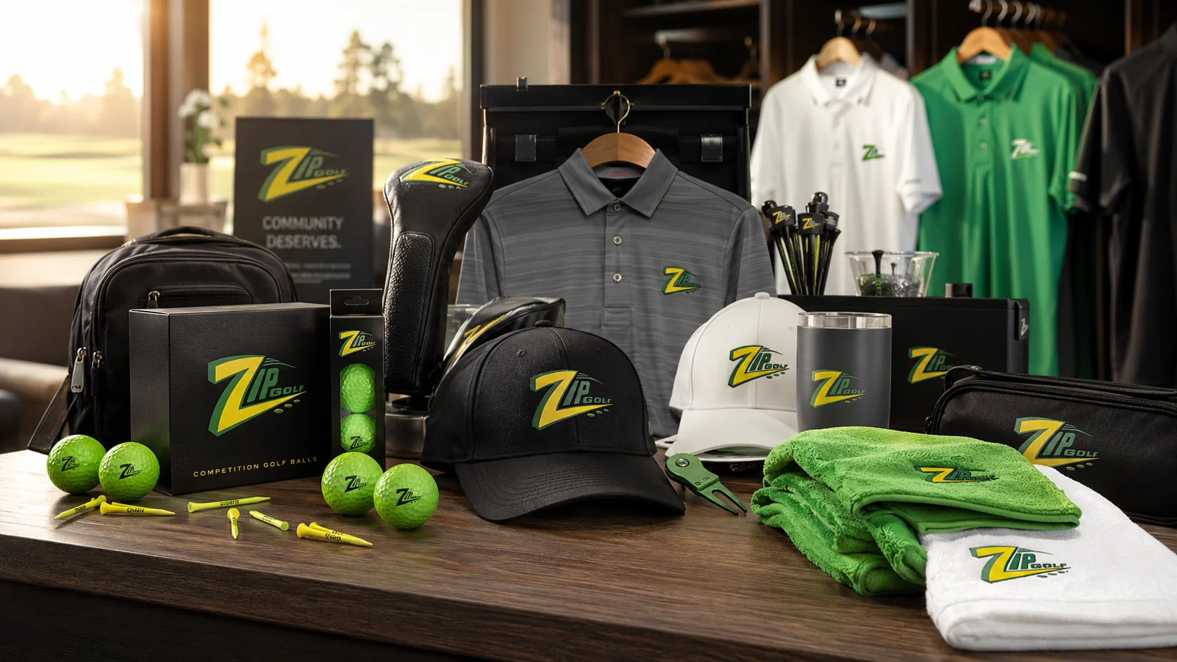 ZIPGOLF merchandise including hats, polos, towels, balls and tees