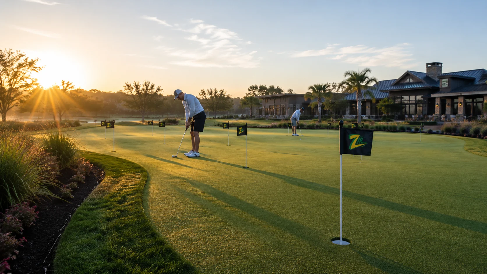 A ZIPGOLF green with multiple flags and players putting in warm sunrise light