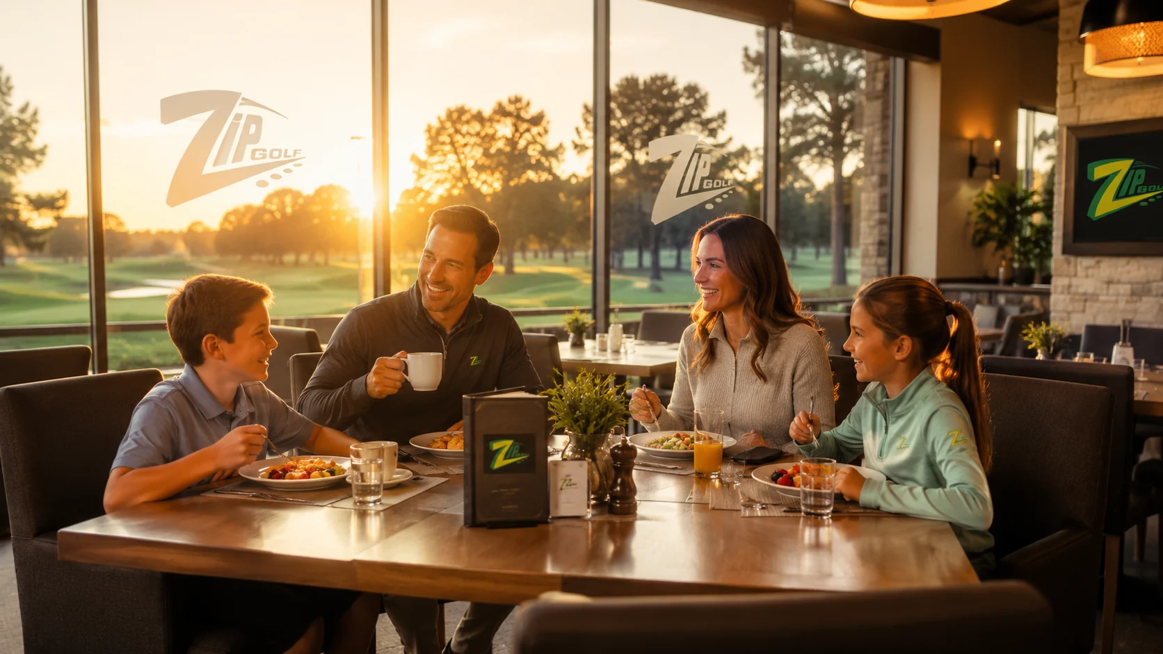 Family eating together inside the ZIPGOLF clubhouse restaurant with the course visible through the windows
