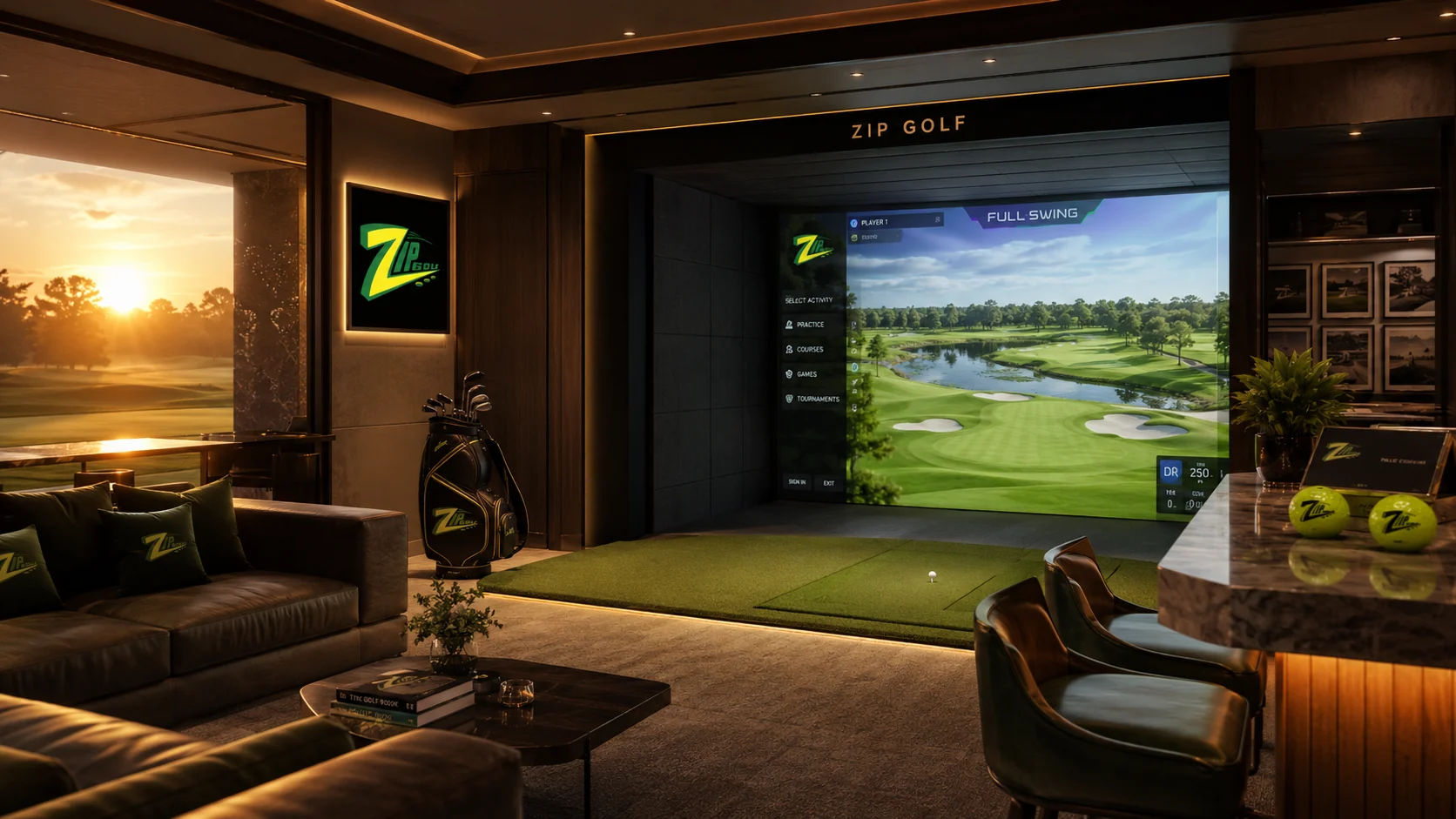 Luxury ZIPGOLF simulator lounge at sunset with branded screen and golf balls